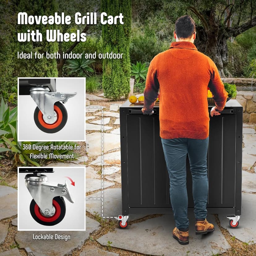Grill Table, Outdoor Bar Cart Grill Cart with Storage Cabinet,Modular Outdoor Kitchen Island, Outdoor Grill Station with 304 Stainless Steel Top,Pizza Oven Table for Lawn & Garden,L35.4” x W24”
