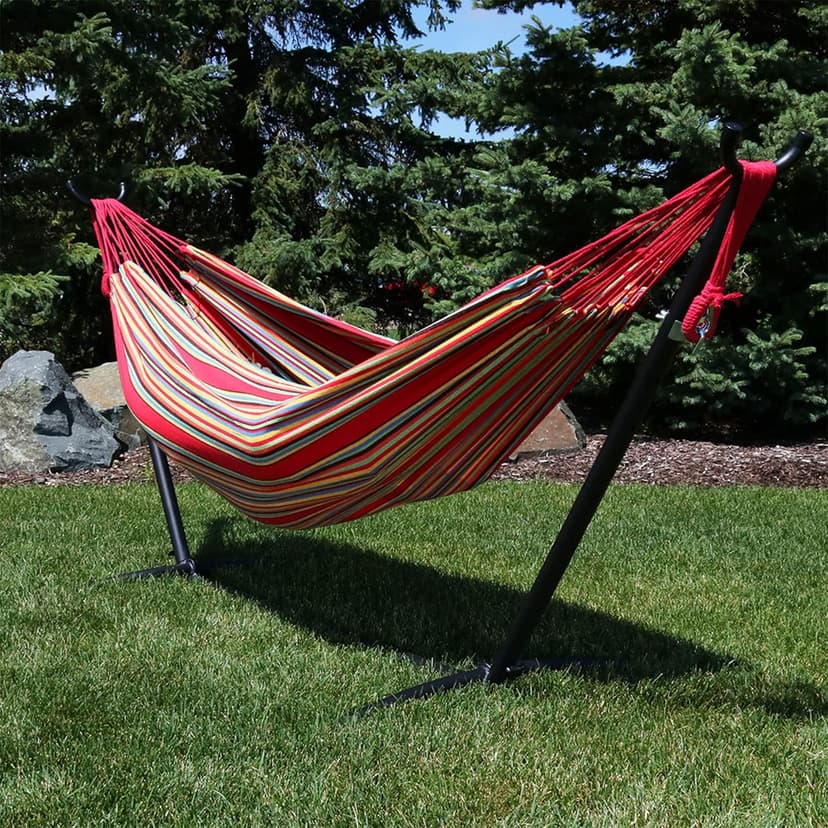 Sunnydaze Double Brazilian Hammock with Stand and Carrying Case - 400-Pound Capacity - Black Stand - Sunset
