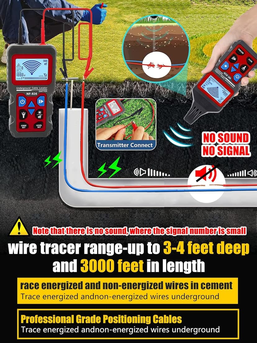 NF-826 Underground Wire Locator & Cable Tracer/Buried Wire Tracer and Cable Locator/Under Ground Circuit Tracer,for Dog Fence Cables Irrigation Control Wires,Tone Generator Kit (Professional Grade)