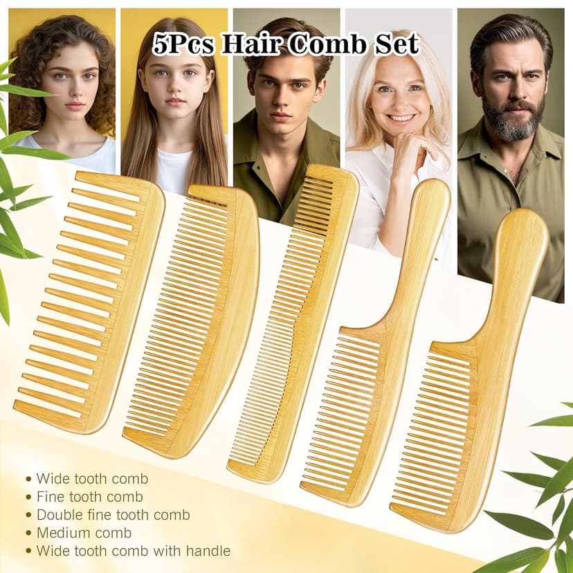 SALONSILK 5PCS Wooden Hair Comb Set, Bamboo Wide Tooth Fine Tooth Combs for Women and Men, Natural Wood Beard Styling Curly Detangling Set for Thick & Thin Hair