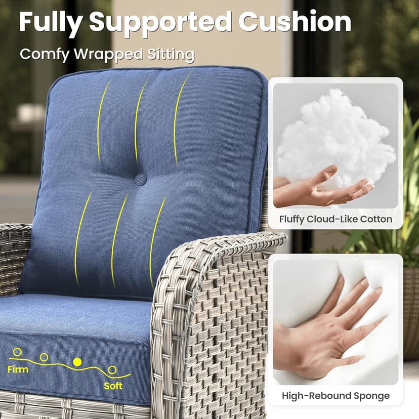 ovios 9 Pieces Patio Furniture Set Outdoor Sectional Sofa Couch with Fire Pit Table Swivel Rocking Chairs Comfy Cushions, Modern Modular Wicker Rattan Conversation Sets, Denim Blue