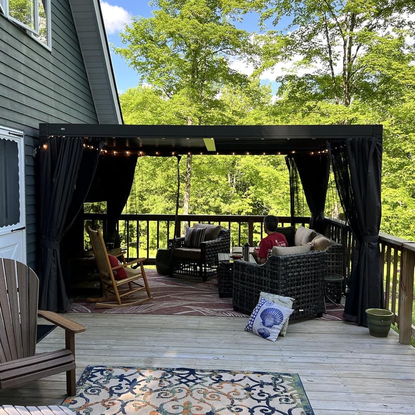 Domi Outdoor Living 10’ X 13’ Outdoor Louvered Pergola Aluminum Patio Garden Pergola with Adjustable Roof for Backyard, Garden w/Curtains and Netting (Dark Brown)