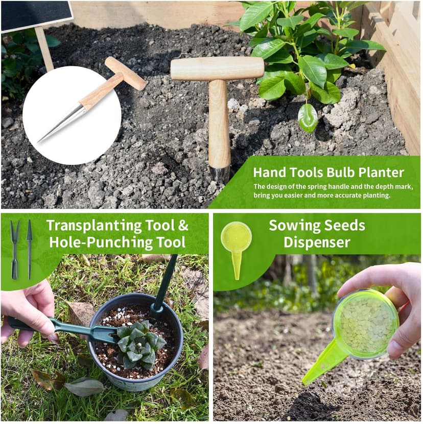 Gardtech Bulb Planter Tool, 4pcs Garden Tool Set, Includes Wood Handle Handheld Dibber Measurements Dibbler, Bamboo Plant Tags Labels, Seed Dispenser Kit, Mark Pen