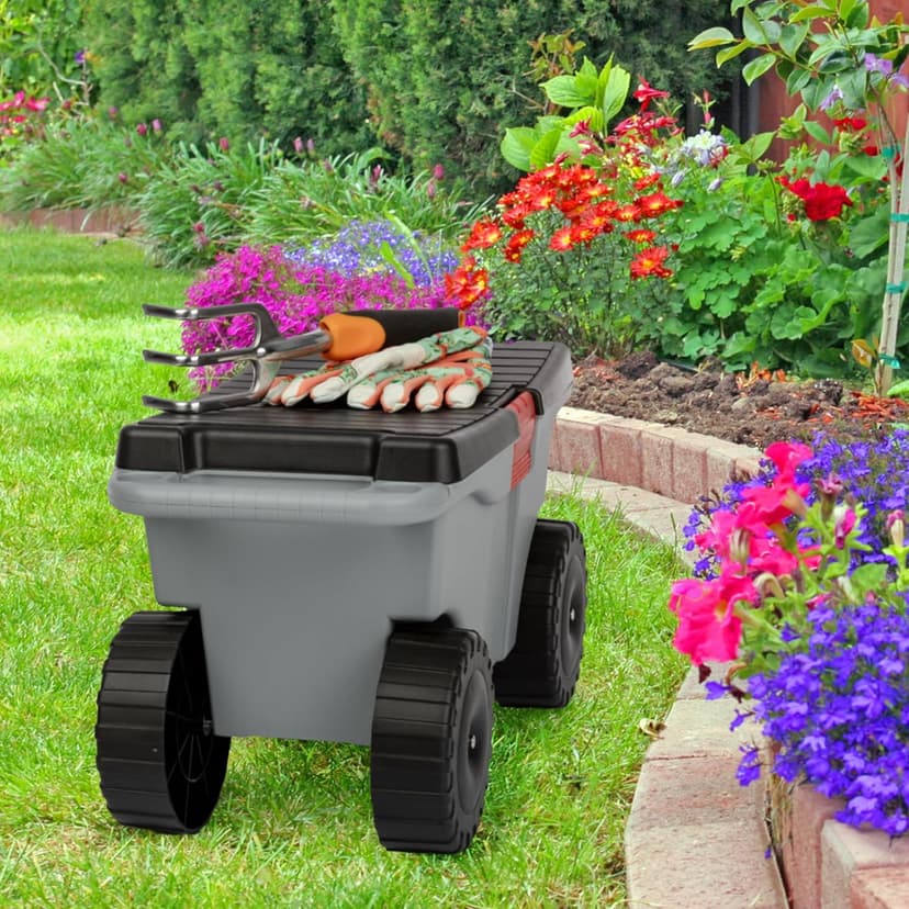 Pure Garden Rolling Garden Cart with Seat - Plastic Storage with Bench and Interior Tool Tray - Gardening Stool for Weeding and Planting (Gray)