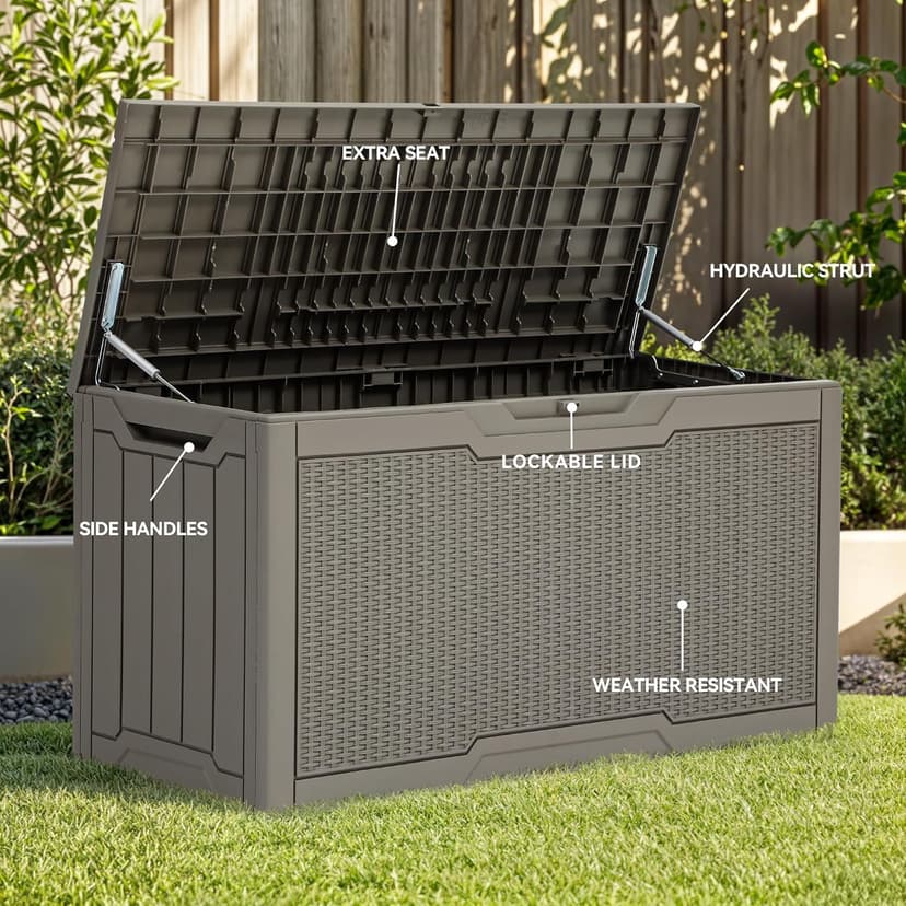 YITAHOME 80 Gallon Outdoor Storage Box, Large Water Resistant Resin Deck Box, Indoor Outdoor Lockable Rattan Storage Container for Patio, Garden, Cushions, Tools, Equipment (Taupe)