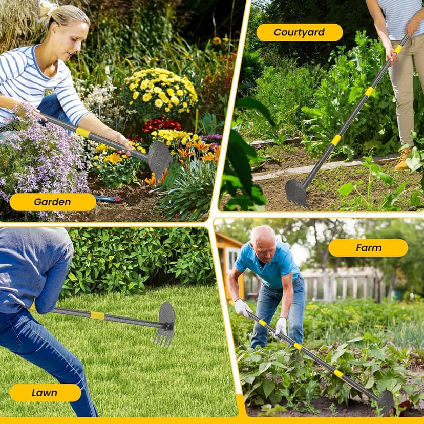 Hoe Garden Tools, Pointed Hoe for Weeding, Iron Tines for Loosening Soil, Hoe Cultivator 2 in 1 Manual Garden Tools, 17-60 Inch Long Handle Heavy Duty Garden Hoe, Black