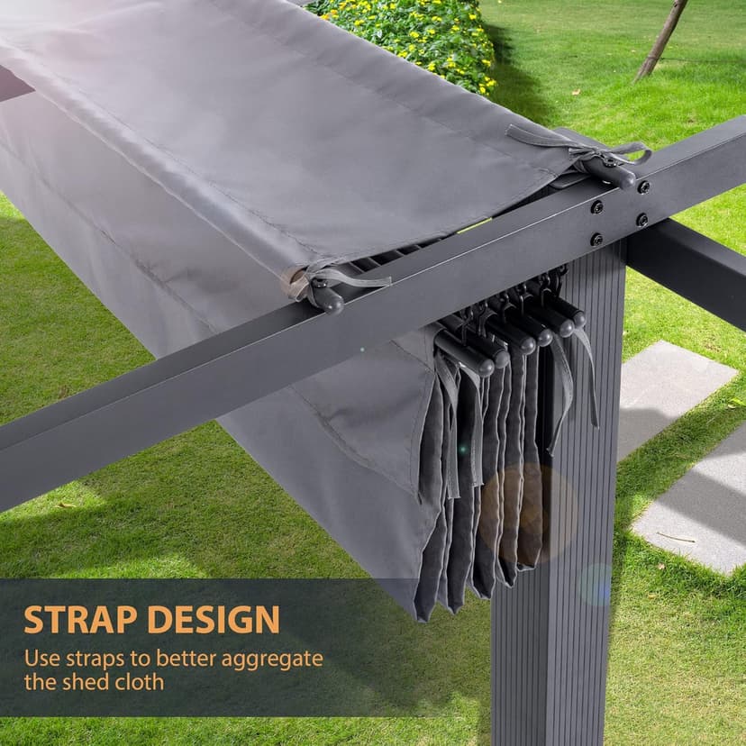 HAPPATIO 10' X 10' Pergola Retractable Canopy for Backyards, Gardens, Patios, Outdoor Pergola with Sun Shade Canopy, Includes Ground Studs and Expansion Screws (Grey)
