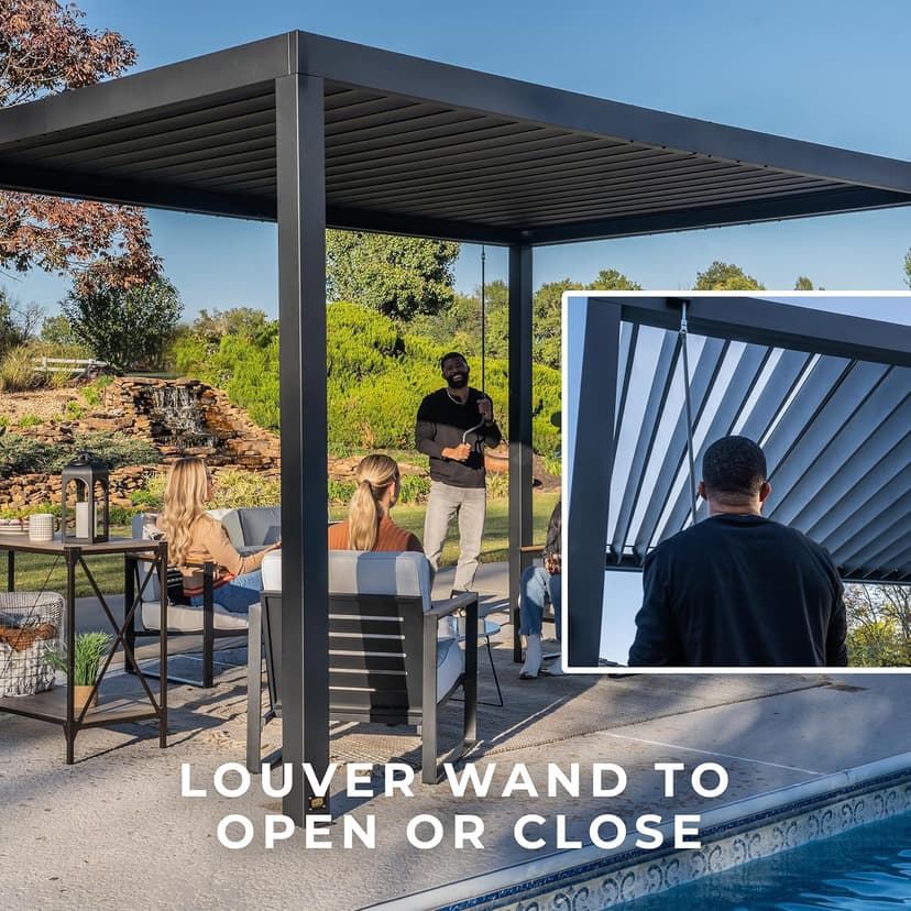 Backyard Discovery Sarasota 14' x 10' Galvanized Steel Louvered Pergola Kit with Adjustable Roof, Shade, Rain Protection, High-Wind Rating, Gutter System for Outdoor Patio, Garden, Deck, Entertaining