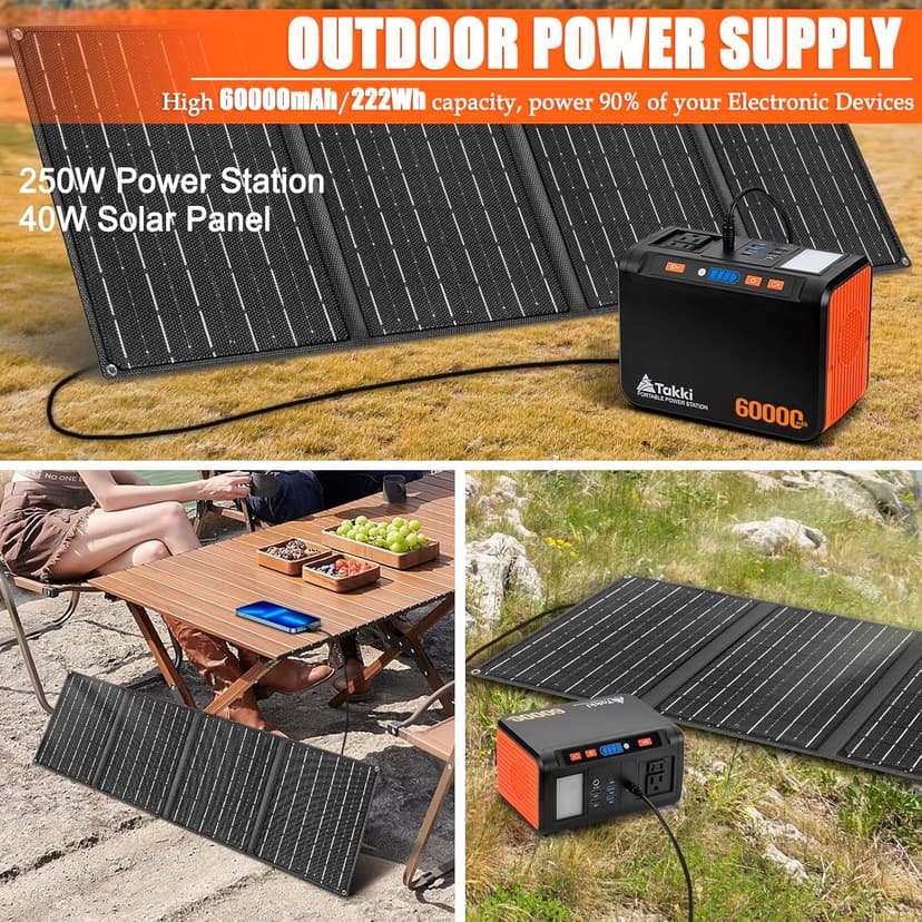 Takki Solar Generator 222Wh Portable Power Station with 40W Solar Panels, 250W Pure Sine Wave Camping Lithium Battery with AC 110V Outlet for Camping Home Use Emergency Outdoor CPAP