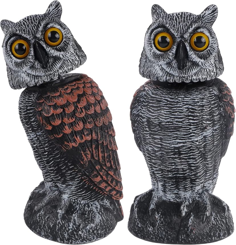 Hausse 2 Pack Fake Owl Decoys to Scare Birds Away, Rotating Head Plastic Owl Bird Deterrents, 10.6 Inch Height Bird Scarecrow Nature Enemy Horned Pest Repellent for Outdoor Garden Yard