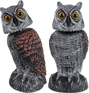 Hausse 2 Pack Fake Owl Decoys to Scare Birds Away, Rotating Head Plastic Owl Bird Deterrents, 10.6 Inch Height Bird Scarecrow Nature Enemy Horned Pest Repellent for Outdoor Garden Yard
