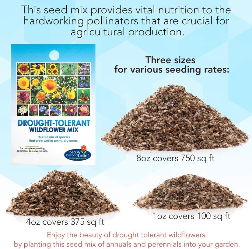 Drought Tolerant Wildflower Seeds - 4oz, Open-Pollinated Bulk Flower Seed Mix for Beautiful Perennial, Annual Garden Flowers - No Fillers - 4 oz Packet