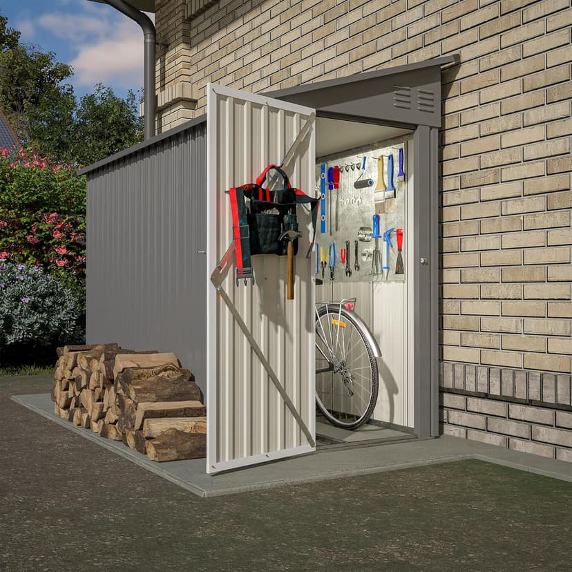 4x8 FT Outdoor Storage Shed with Floor,Lean to Metal Shed W/Lockable Door,All Weather Waterproof Garden Tool House W/ 2 Air Vents,for Backyard,Patio,Lawn,Garden,Gray