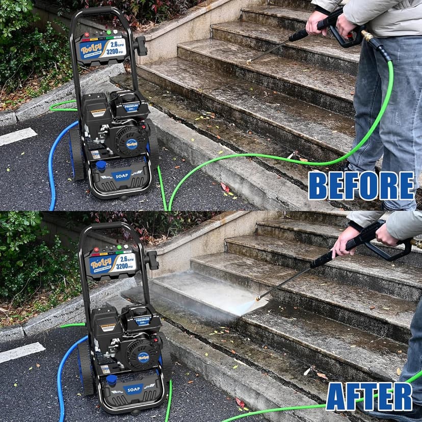 TOOLCY Gas Pressure Washer 3200 PSI & 2.6 GPM, High Performance Engine, Includes Swivel Spray Gun and Wand, 35FT Power Washer Hose, 5 Nozzle Tips, Onboard Soap Tank, for Cars/Driveways/Homes