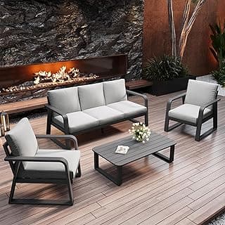 Charcoal Aluminum Outdoor Patio Furniture 4-Piece Set - Modern Conversation Set w/All-Weather Cushions for Porch, Balcony, Deck (Dark Gray)