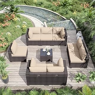 ALAULM 9 Pieces Patio Furniture Set Outdoor Sectional Sofa Sets Brown PE Rattan Patio Conversation Sets w/8 Sand Seat Cushions and 1 Coffee Table