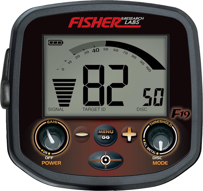 Fisher F19 Metal Detector with 11-Inch DD Waterproof searchcoil, FeTone Adjustable Iron Audio, V-Break Tone Discrimination, Ground Grab, and Backlit Display for Depth and Target Separation