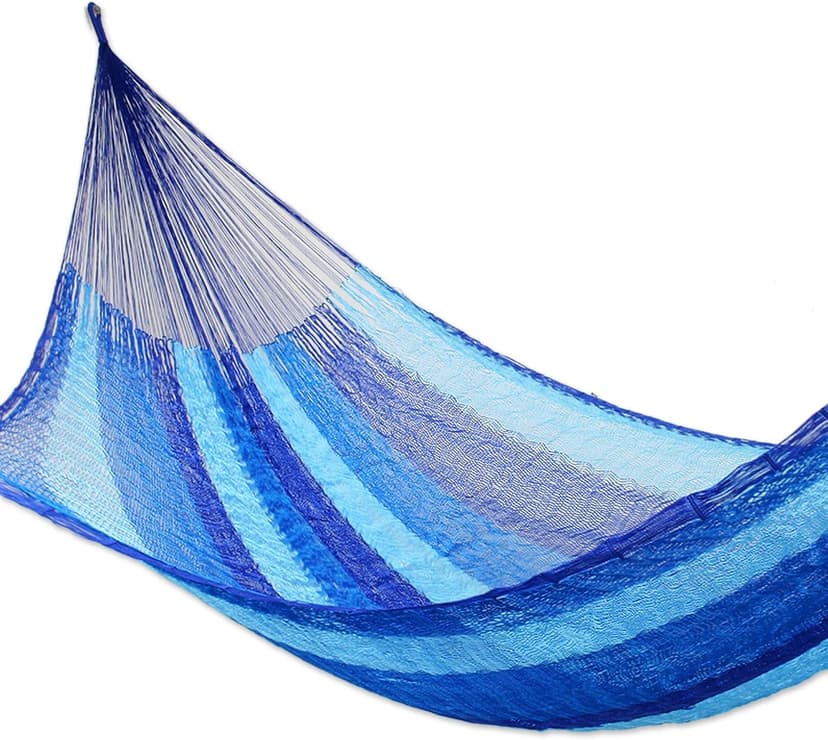 NOVICA Multicolor Sky Blue Striped Hand Woven Nylon Mayan 1 Person Rope Hammock, Blue Caribbean' (Single)