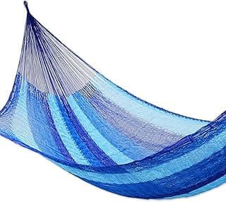 NOVICA Multicolor Sky Blue Striped Hand Woven Nylon Mayan 1 Person Rope Hammock, Blue Caribbean' (Single)