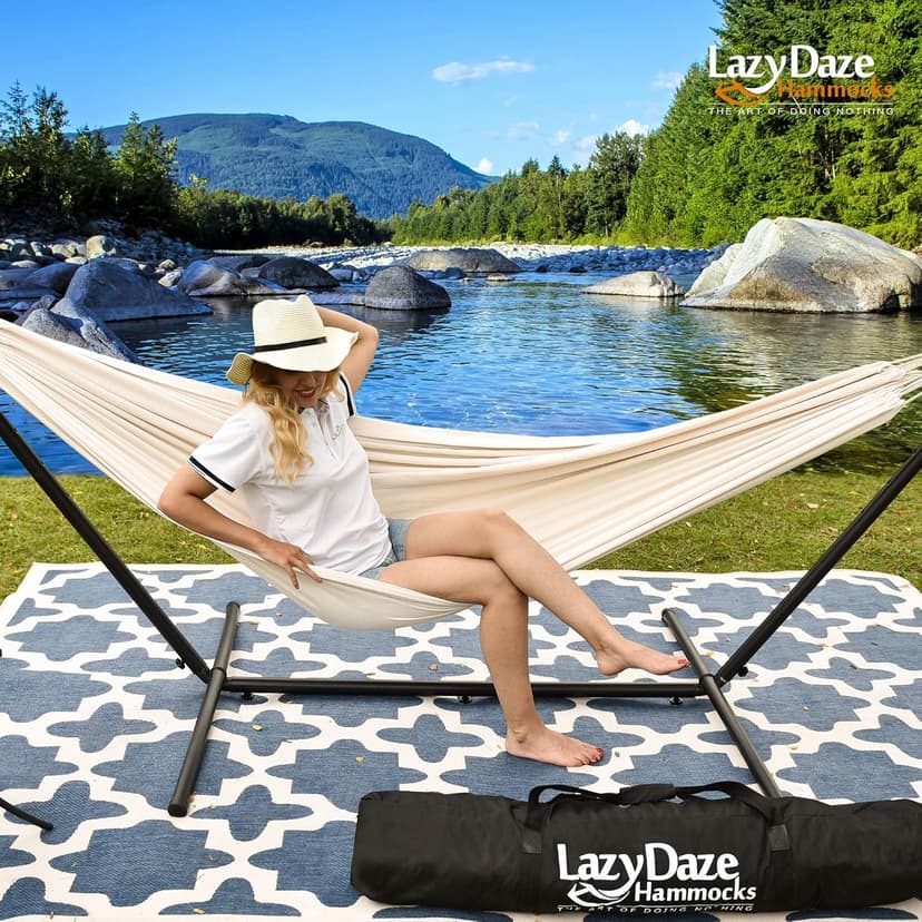 Lazy Daze Hammocks Double Hammock with 9ft Space-Saving Steel Stand Includes Portable Carrying Case, 450 Pounds Capacity (Natural)