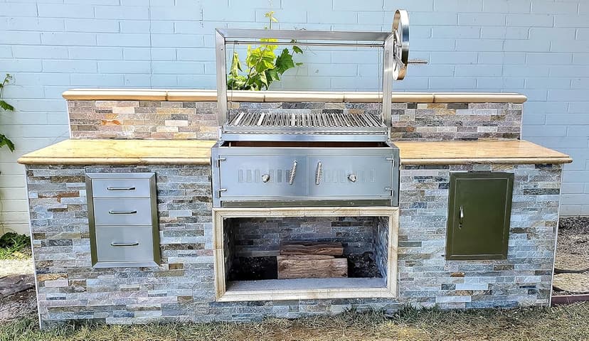 Built In/Table Top Charcoal Outdoor BBQ, Stainless Steel #430 Body and #304 Grates, Rotisserie Parrilla Santa Maria/Argentine Grill Spit