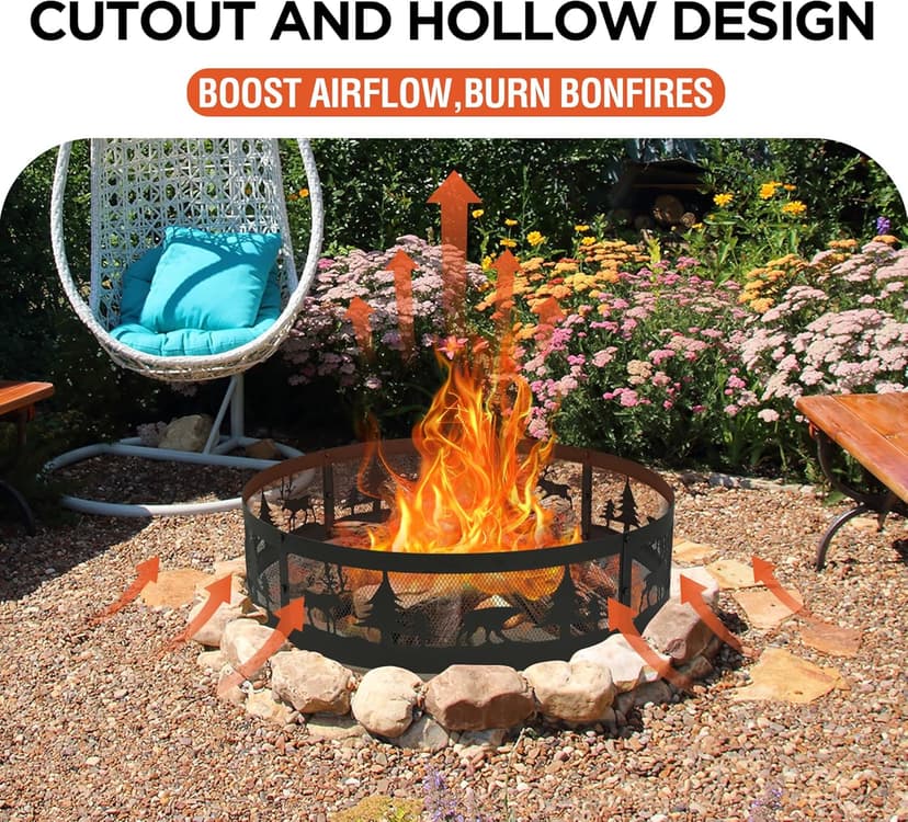 Red Mountain Valley 36 Inch Fire Pit Ring with 360° Forest & Wildlife Design, Portable Steel Wood Burning Firepit Ring for Outdoor Camping, Bonfires, Beach,Patio, fire Pit kit, Black