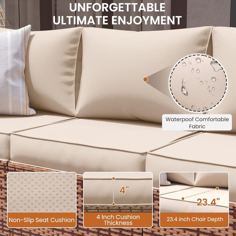 UDPATIO Patio Furniture Set with Fire Pit Table, 4 Pieces Outdoor Furniture Sets, Wicker Rattan Patio Conversation Sets with Outdoor Sofa Waterproof Covers for Porch Deck Backyard, Khaki