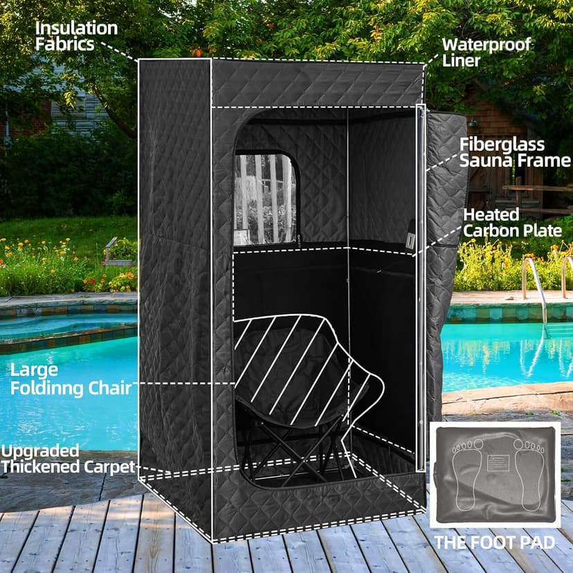 Infrared Saunas for Home, Portable Dry Sauna with Heating Foot Pad, Infrared Saunas with Big Sauna Chair, 3.2’ x 3.2’ x 6.0’, Black