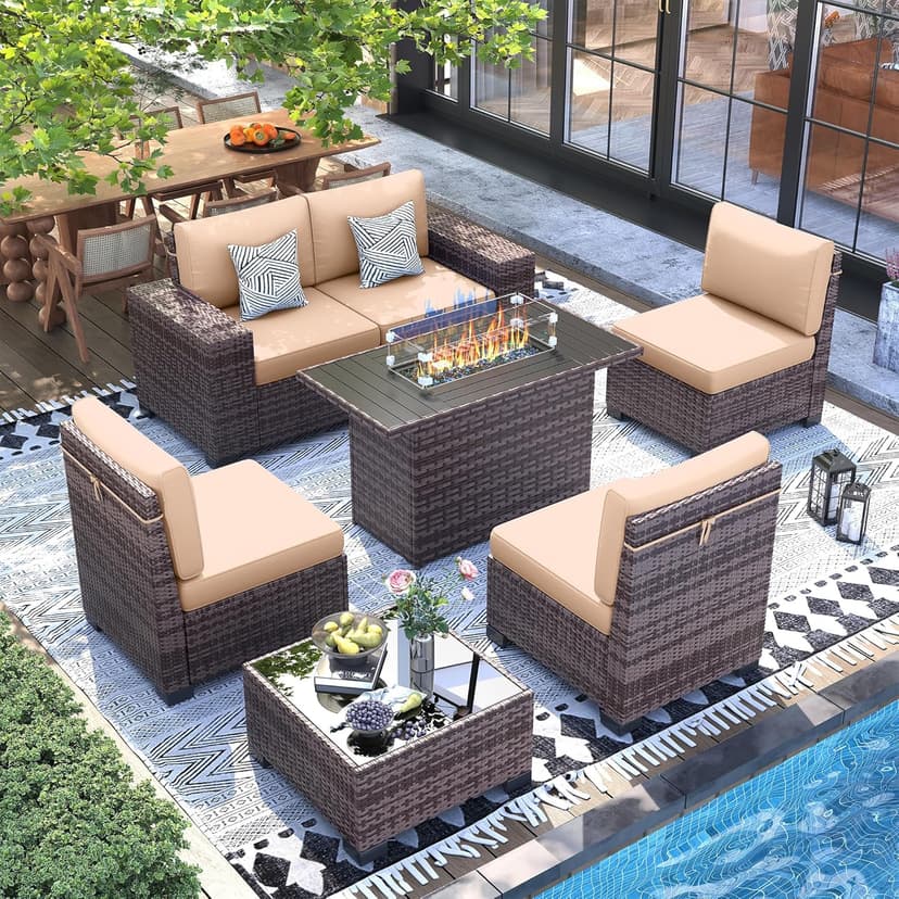 UDPATIO 7 Piece Patio Furniture Set with Fire Pit Table, 8''Wide Armrest Modular Rattan Outdoor Sectional Sofa Set,Wicker Patio Conversation Sets for Backyard,Deck w/ 4'' Cushions,Cover(Brown/Khaki)