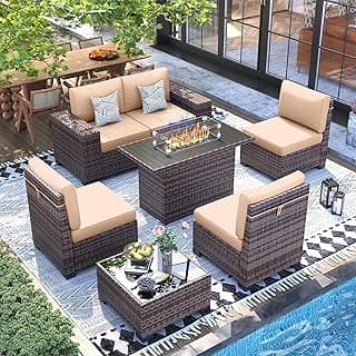 UDPATIO 7 Piece Patio Furniture Set with Fire Pit Table, 8''Wide Armrest Modular Rattan Outdoor Sectional Sofa Set,Wicker Patio Conversation Sets for Backyard,Deck w/ 4'' Cushions,Cover(Brown/Khaki)