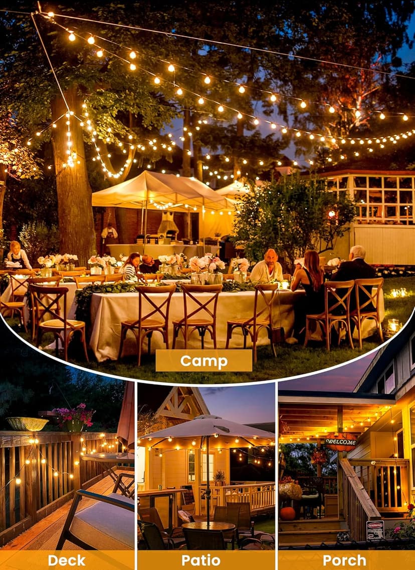 Brightown 108FT Solar String Lights Outdoor with Remote and 52 LED Shatterproof Bulbs, Dimmable & Timable, 3 Light Modes, Solar Patio String Lights Outdoor for Cafe, Garden, Deck, Outside Wedding