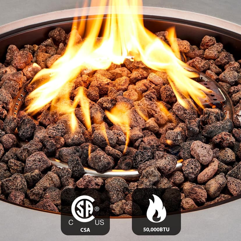 2-Piece Outdoor Propane Fire Pit Table Set w/Tank Cover Table, 31.5-inch 50,000 BTU CSA Certification Bowl Concrete Firepit SUS201 Round Burner with Steel Lid, Lava Rocks, Rain Cover…
