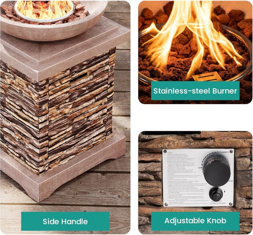 SUNBURY Outdoor Propane Fire Pit, Gas Fire Pit for Outside Patio, Stone Outdoor Fire Table Fire Column 40,000 BTU Propane Fire Tables Firepit Table w Lava Rocks, CSA Certified, Waterproof Cover