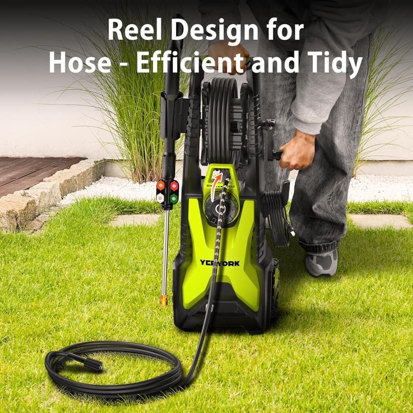 Pressure Washer, Adjustable 5000 Max PSI 2.5 Max GPM, Power Washer with 33 FT Hose Reel, Steel Wand, 500ml Foam Cannon, 4-Nozzle Set, Electric Pressure Washer for Cars, Fences, Patios