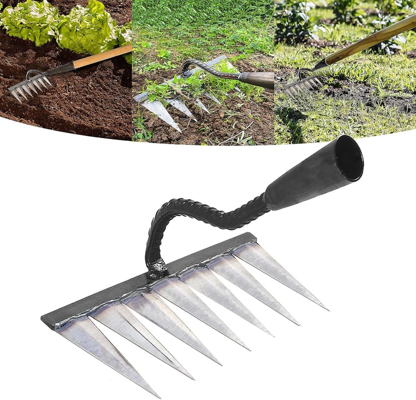 Garden Rake, Gardening Tools Heavy Duty Rake with 7 Metal Tines,Sharp Durable Garden Weeding Tools, All Steel Hardened Hoe Garden Hand Rake Tools for Backyard Lawn Loosening Planting Weeding (7 Tines)