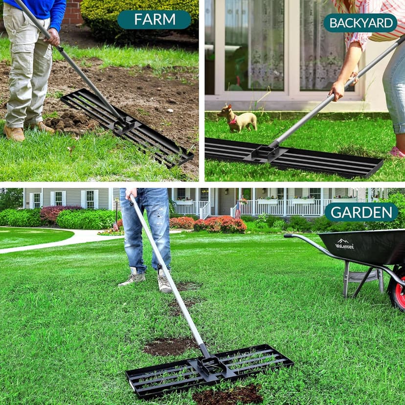 Walensee Lawn Leveling Rake, 6.5FT 17"x10" Levelawn Tool, Heavy Duty Effort Saving Lawn Level Tool, Stainless Steel Handle Lawn Leveler for Yard Garden Golf Course, Ease Level Soil Sand Dirt Surfaces
