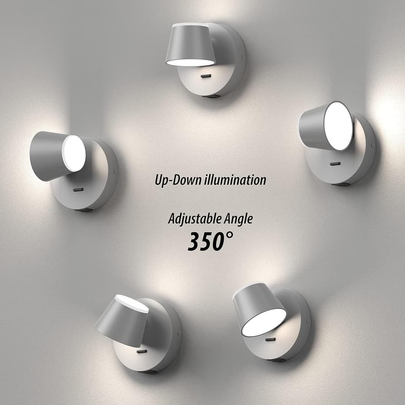 URSOLA Wall Light LED Wall Sconce with On/Off Switch USB Charging Port 110 Volt Hardwired Wall Lamp 350 Rotatable Up Down Sconces Wall Lighting (Grey)