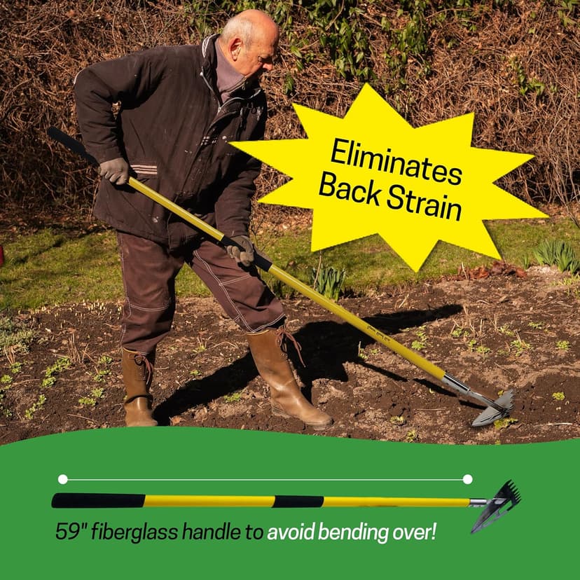 Spear Head Hoe Garden Tool - Long Handle Hoe with 59" Fiberglass Handle, 2 Cushioned Grips, & Stainless Steel Blade with Sharpened Edges & Rake - Multipurpose Garden Tool for Weeding & More (Yellow)