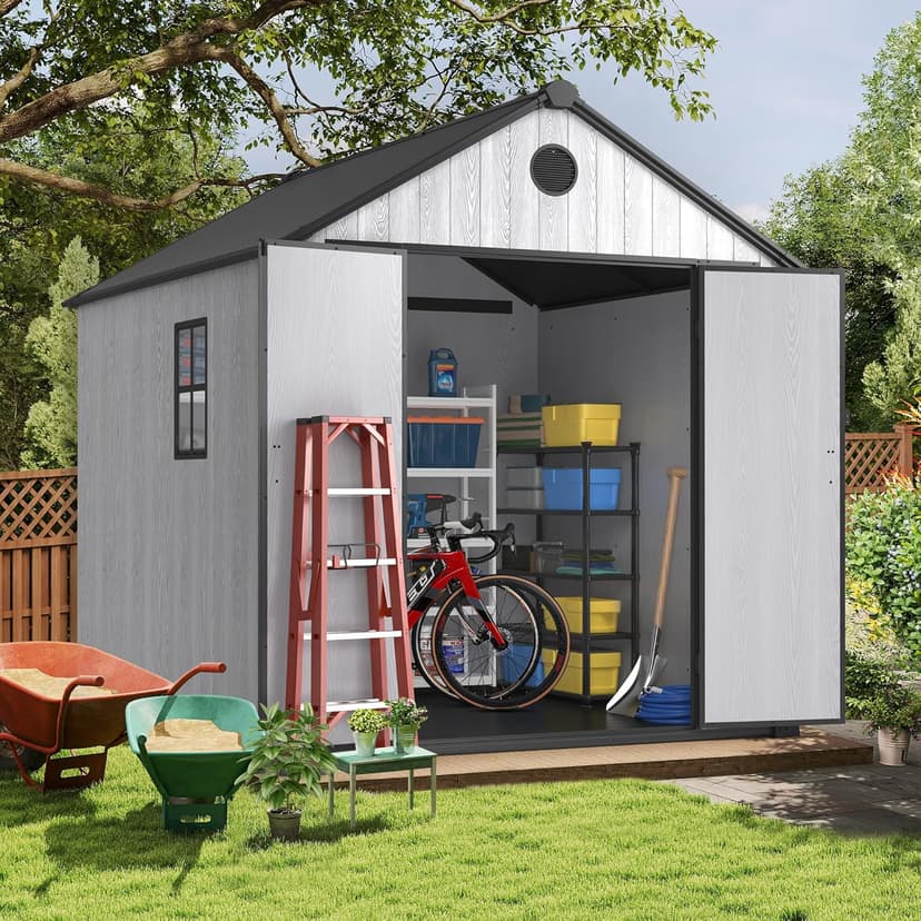 8 x 8 FT Resin Storage Shed Outdoor Storage Shed Storage Sheds Outdoor with Floor, Side Window, Plastic Shed with Lockable Door, Front Rear Vents for Backyard, Garden, Patio (8x8 FT)
