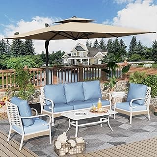 4 Piece Patio Furniture Set, 2 x Fixed Chair, 1 x 3-Seat Sofa with Marbling Coffee Table, All Cushioned 5 Seats Outdoor Conversation Set for Lawn Garden Backyard, Blue