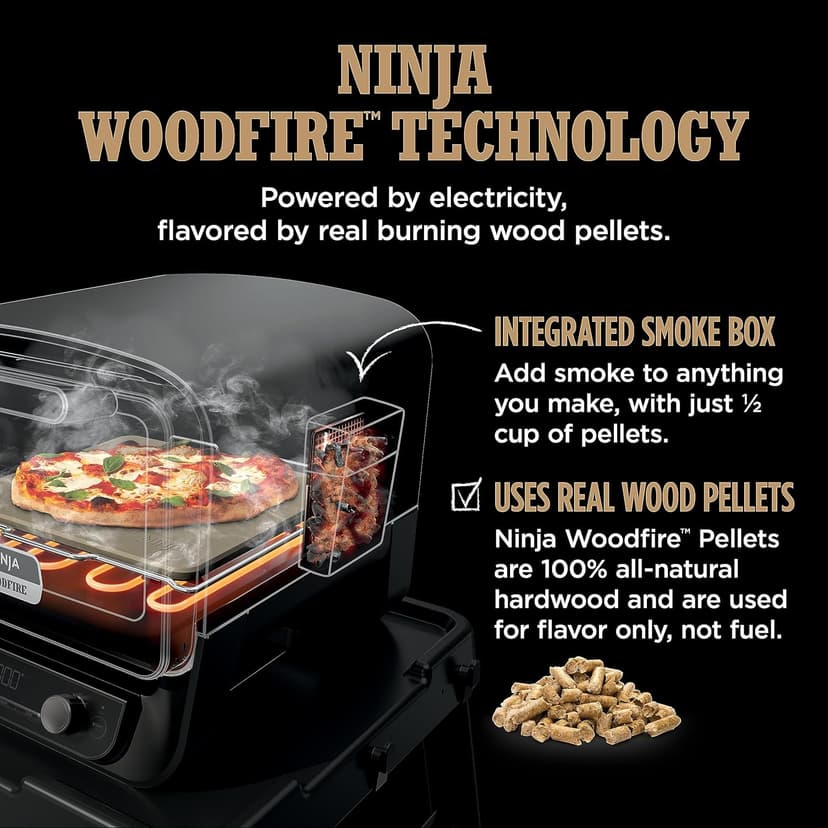 Ninja Woodfire Outdoor Pizza Oven, 8-in-1 Portable Electric Roaster Oven, Heats up to 700°F, 5 Artisan Pizza Settings, Integrated BBQ Smoker Box, Includes Flavored Wood Pellets, Terracotta Red