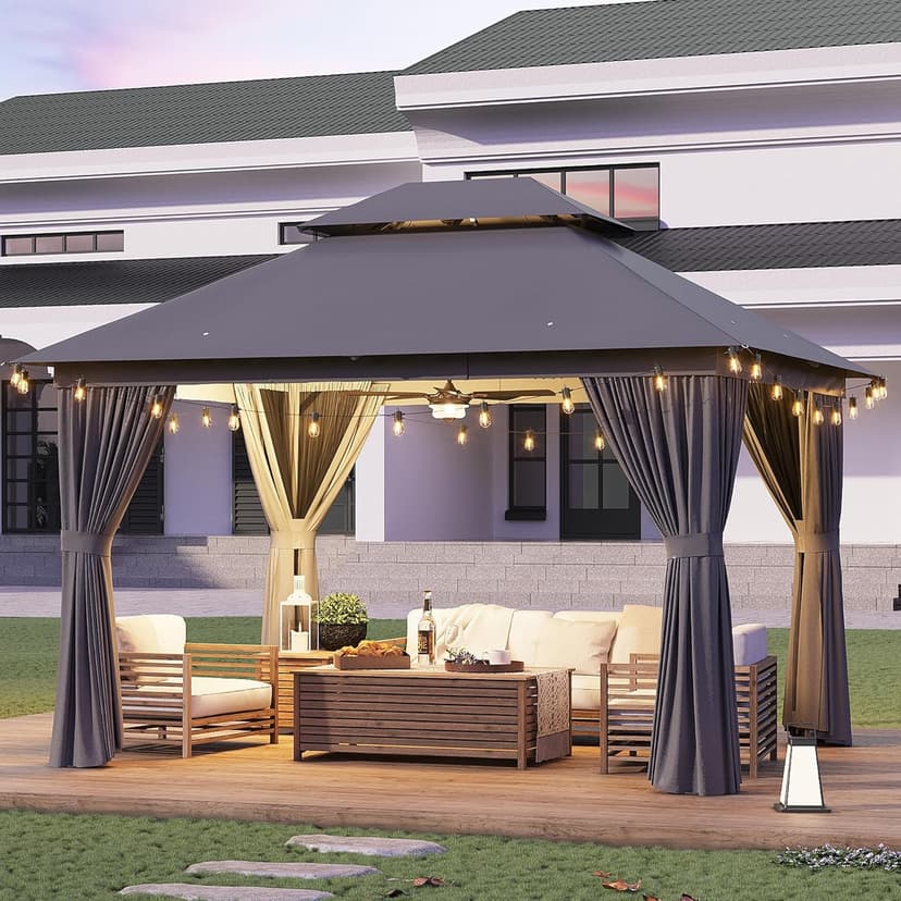 oneinmil 12' x 10' Hardtop Gazebo with Netting and Curtains, Outdoor Gazebo with Aluminum Frame, Heavy Duty Polyester Fabric Double Roof Canopy Party Tent for Patio, Backyard, Lawn, Gray