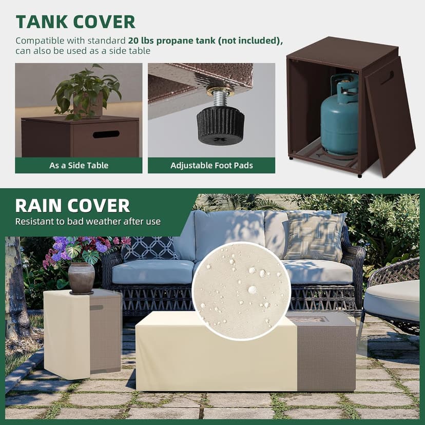 UPHA 42-inch Outdoor Propane Gas Fire Pit Table 50000 BTU Iron Rectangle FirePit for Outside Patio with Tank Hidden Table, Wind Guard, Removable Lid, Lava Rocks, Rain Cover, Brown