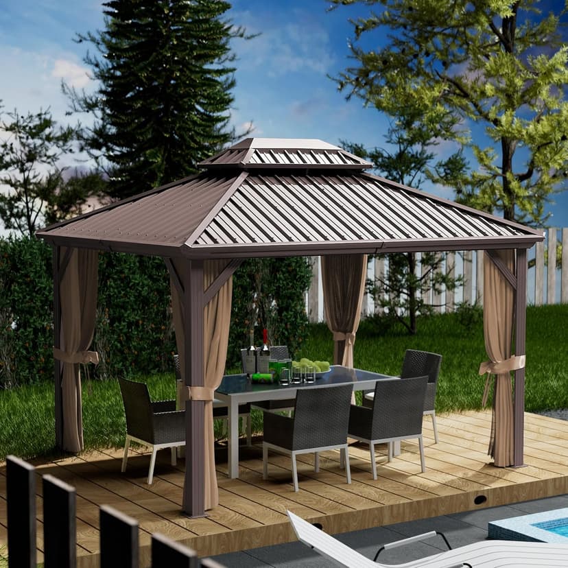 Kozyard Caesar 10'x12' Hardtop Gazebo - Permanent Metal Pavilion with Netting and Shaded Curtains for Patio, Backyard, and Deck - Galvanized Steel Outdoor Aluminum Canopy, Double Roof Gazebo (Brown)