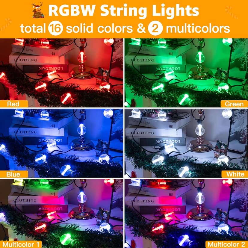 Ollny Outdoor Lights 30FT RGBW, Color Changing String Light with 20 Edison + 1 Spare G40 Bulbs, Plug in Remote Waterproof Timers Patio Lights for Outside Balcony Porch Camping Deck Yard