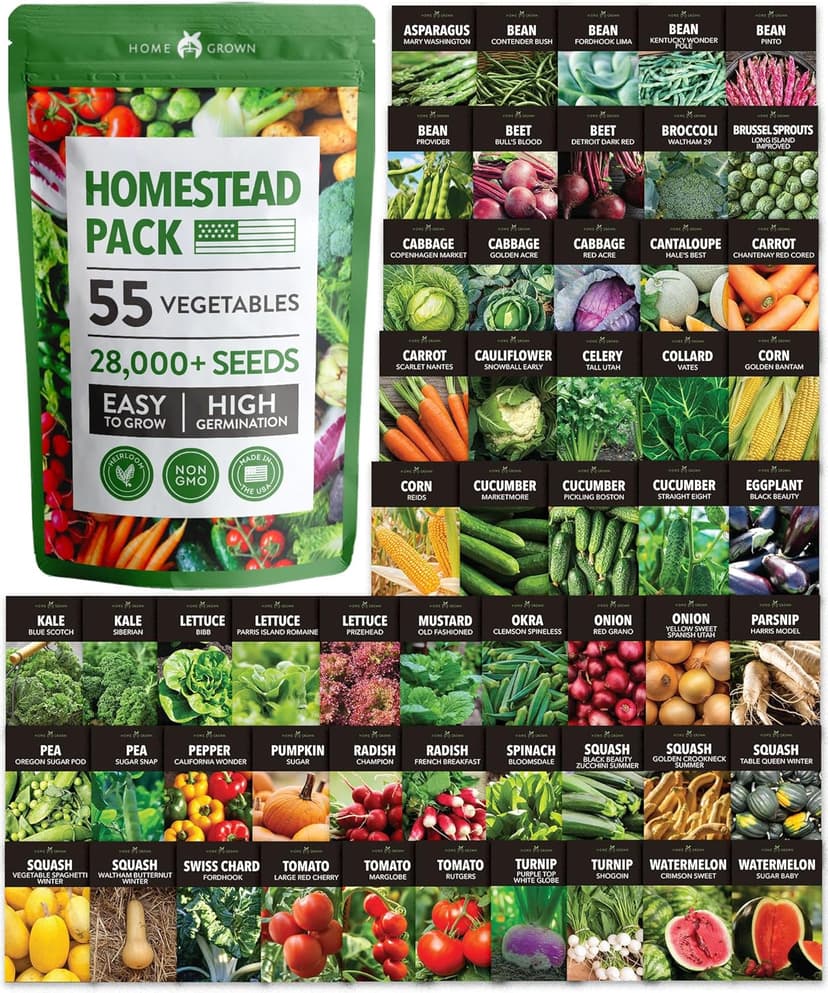 HOME GROWN 55 Vegetable Seeds Pack – 28,000+ 𝗨𝗦𝗔 Heirloom 𝗡𝗢𝗡-𝗚𝗠𝗢 Seeds for Planting – Spring, Fall, Winter Garden Kit – Survival Seed Vault for Preppers & Gardeners – Gift for Men & Women