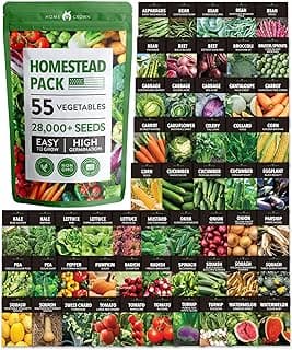 HOME GROWN 55 Vegetable Seeds Pack – 28,000+ 𝗨𝗦𝗔 Heirloom 𝗡𝗢𝗡-𝗚𝗠𝗢 Seeds for Planting – Spring, Fall, Winter Garden Kit – Survival Seed Vault for Preppers & Gardeners – Gift for Men & Women