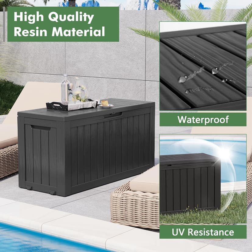NUNU LAB 74 Gallon Outdoor Storage Box,Large Resin Sturdy Deck Box, Backyard Outside Storage Box Waterproof with Double Wall Panels,Package Delivery Garden Hose Storage Bin Outdoor Tool