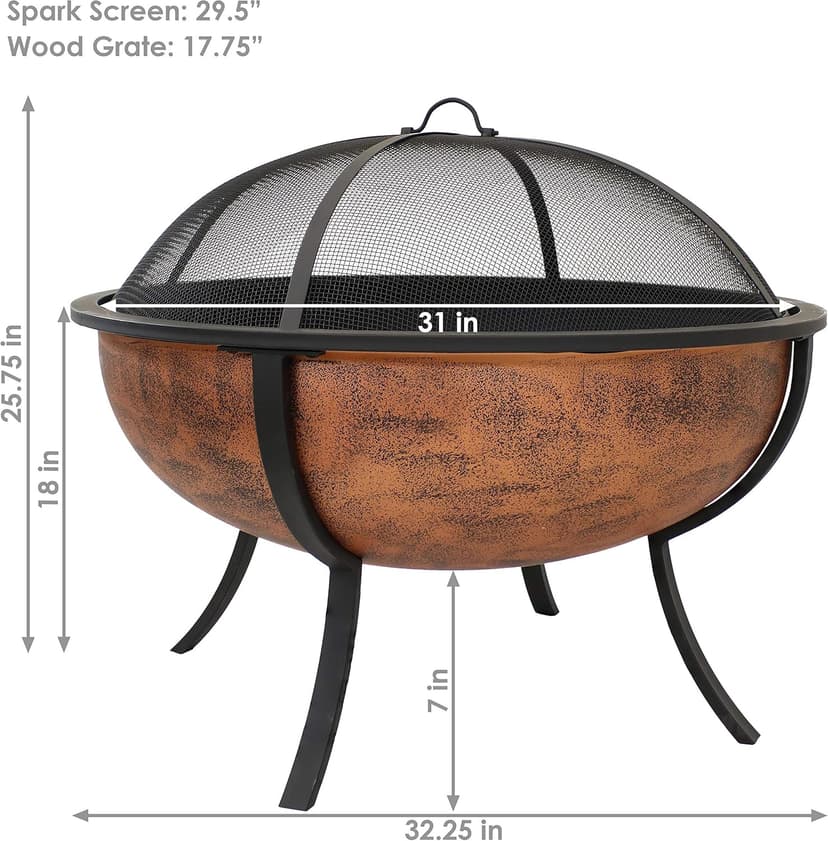 Sunnydaze 32-Inch Steel Fire Pit Bowl - High-Temperature Copper Finish Wood Burning Fire Pit with Screen, Wood Grate, and Poker