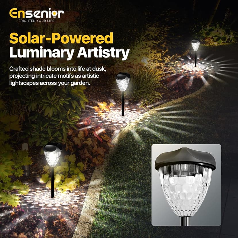 Ensenior 12-Pack Solar Lights Outdoor, Auto ON/Off 6500K LED Solar Garden Lights for Pathway, Yard, Patio, Walkway, Planter, Waterproof, Energy-Efficient Landscape Lighting